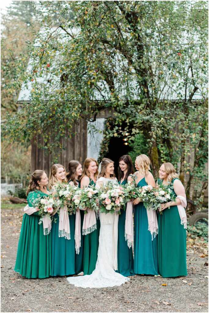 Oregon Jasper house farm Woodsy, barn, Winter Wedding with Green and blush tones.