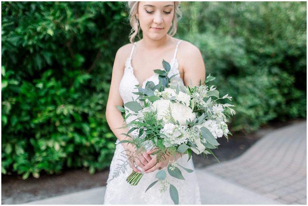 White and Greenery bridal bouquet
Abernathy Center Wedding in Oregon City, Oregon | Garden Wedding | Ashley Cook Photography 
