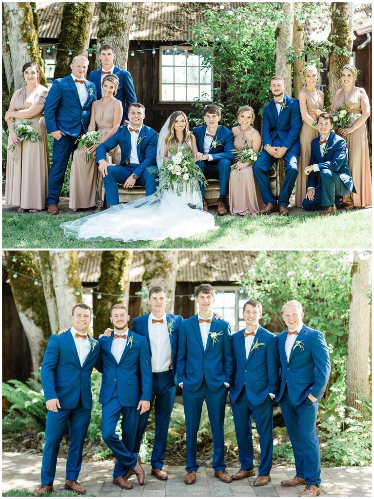 Wedding party portraits white and greenery bridal bouquet. Tan, champagne bridesmaids dresses and blue suites 
Oregon wedding | Ashley Cook Photography |