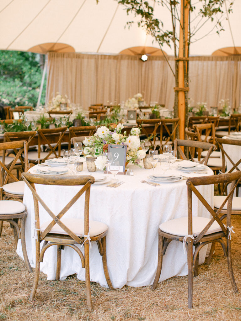 Outdoor private estate wedding reception with long tables and soft lighting