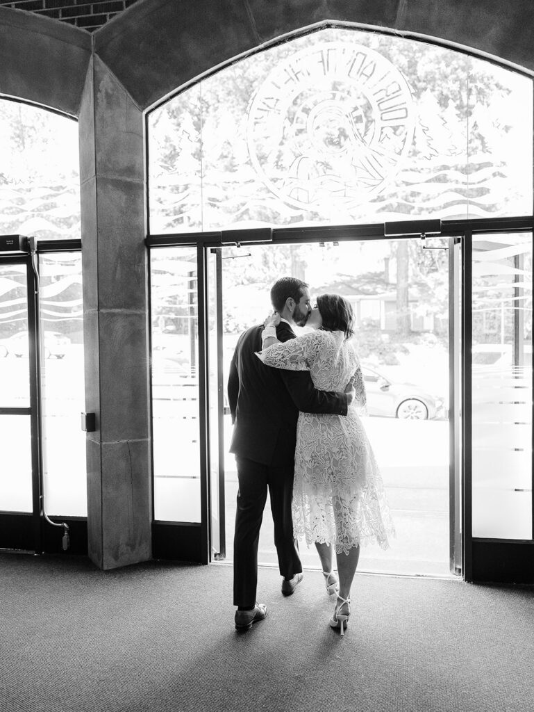 Bride and groom exiting church after wedding ceremony Lake Oswego