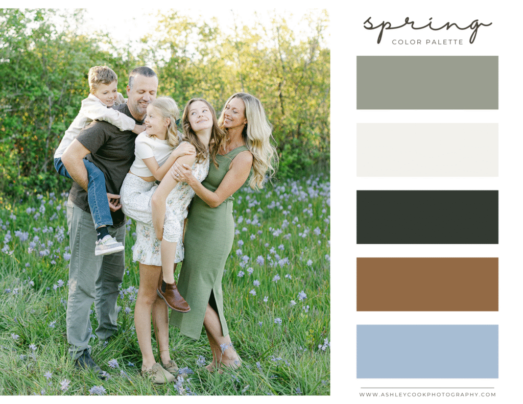 Spring family pictures color scheme with greens, blues and creams