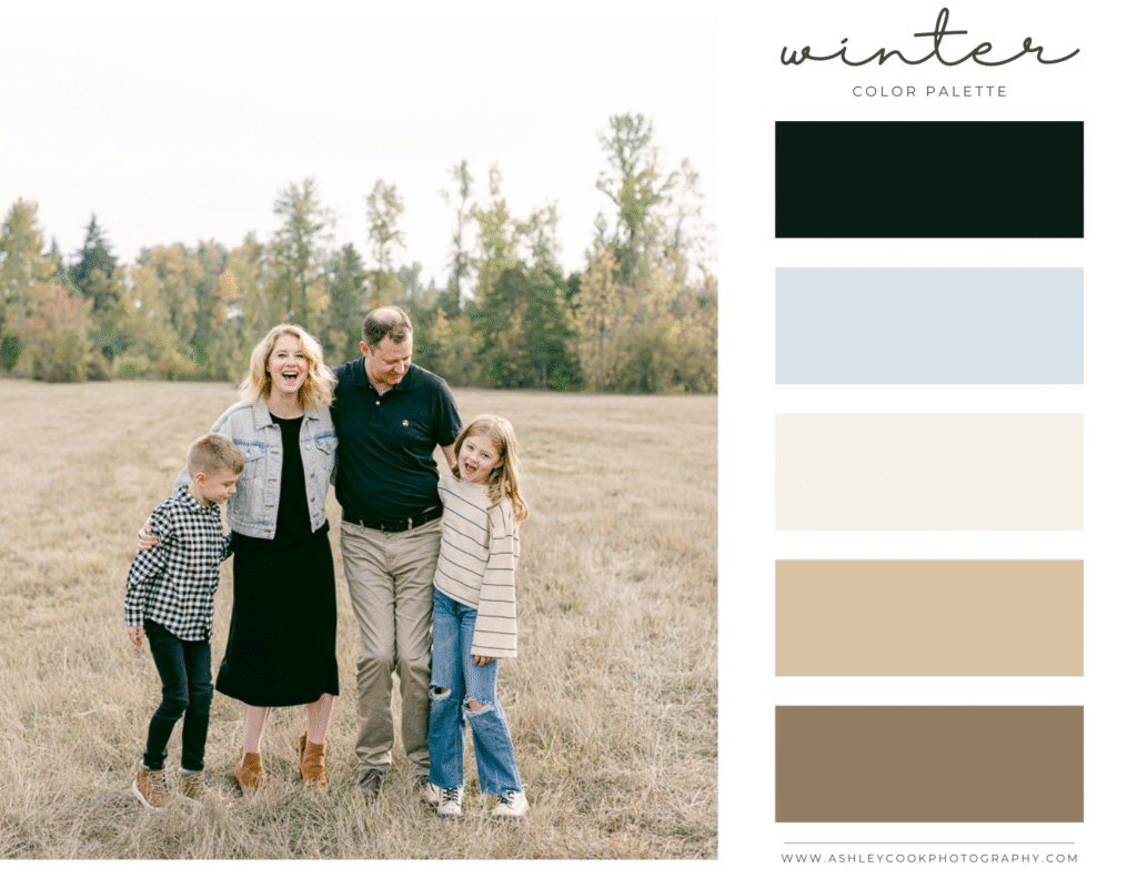 winter family pictures color scheme with black, cream, tan and light denim