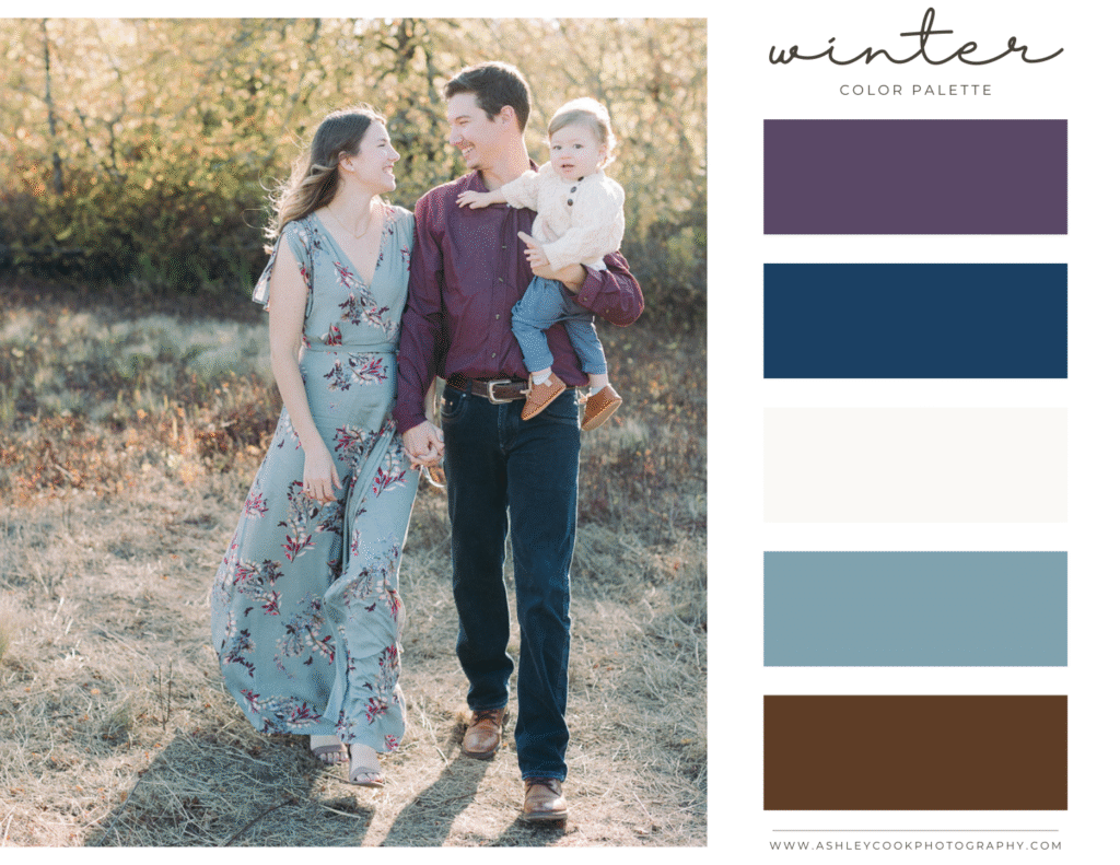 winter family photo color palette with plum and navy