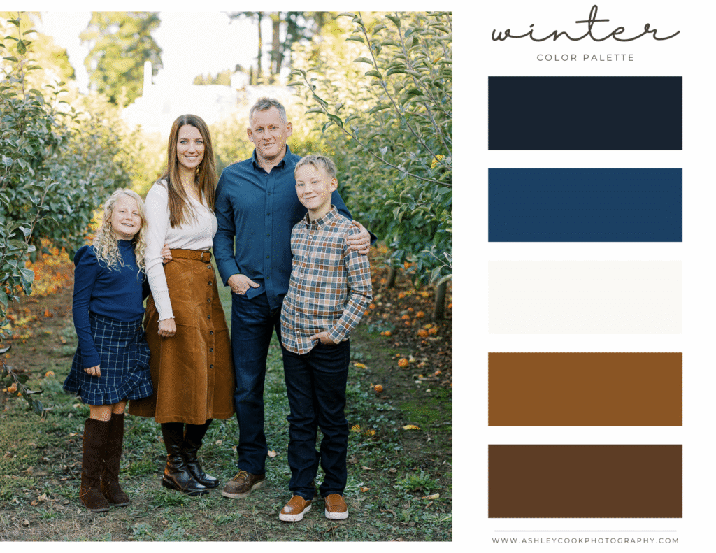 winter family pictures color scheme caramel, navy blue, deep, brown, and tan