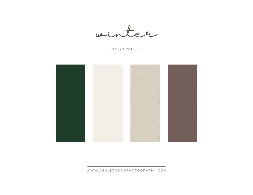 winter family pictures color scheme with evergreen, cream, beige and soft brown