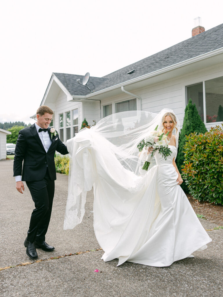 Owen and Emily walk together after their wedding ceremony